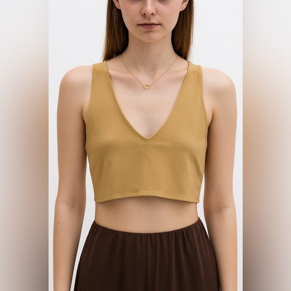 Steele Anthropologie Crop Top V Neck Sleeveless Large Tan Capsule Wardrobe New - Picture 1 of 9